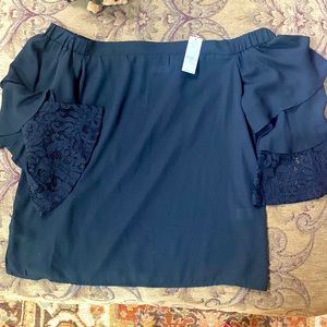 NWT NY&co off the shoulder black chiffon blouse, 3 tier with lace in last tear .